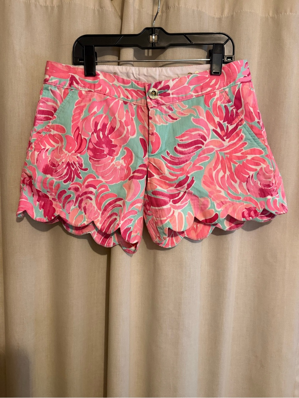 Lilly Pulitzer Pink & Aqua Floral Scallop-Hem High Waist Shorts
